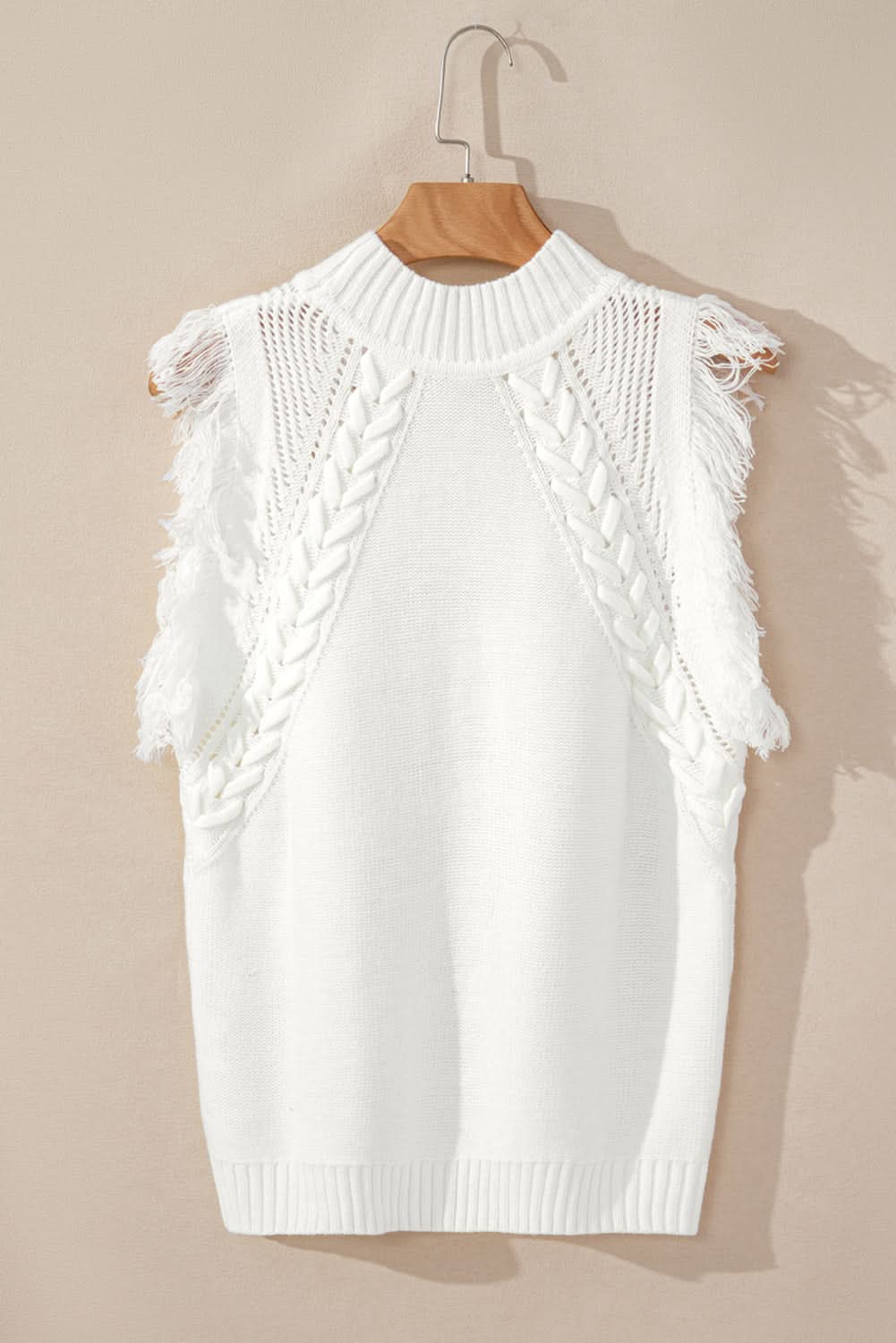 White Woven Tasseled Sleeveless Mock Neck Sweater Vest - Love Salve